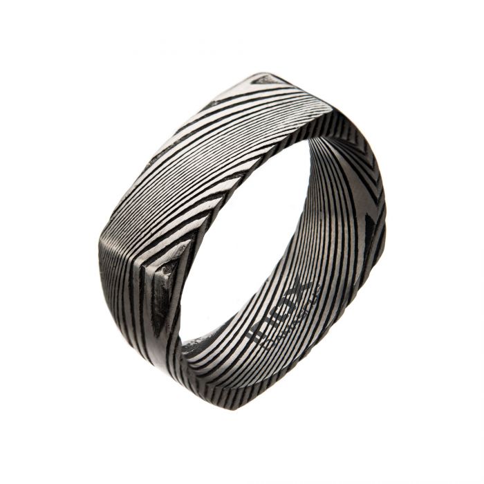 Damascus 8mm Matte Black Plated Square Ring