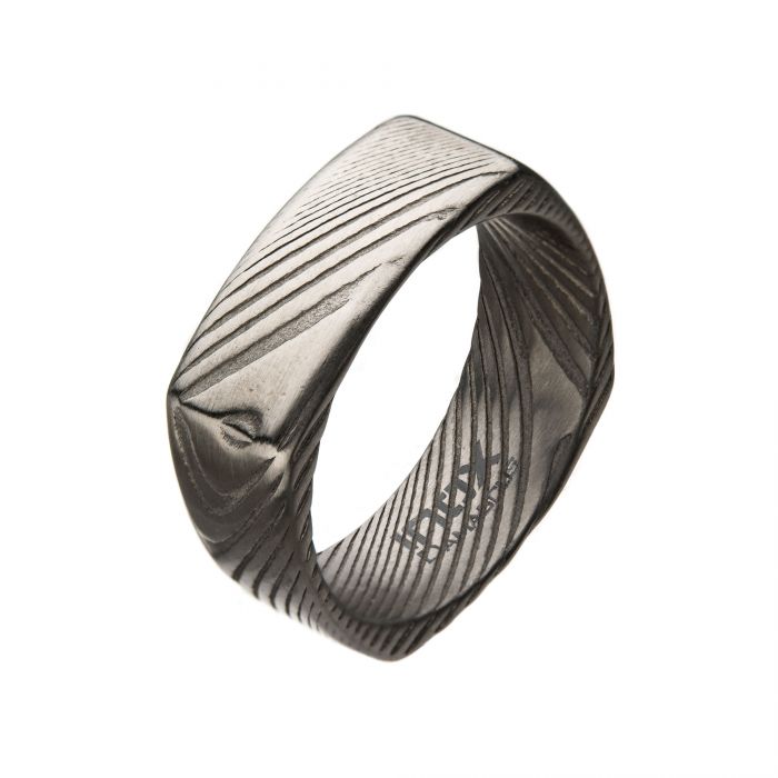 Damascus 8mm Matte Steel Square Ring