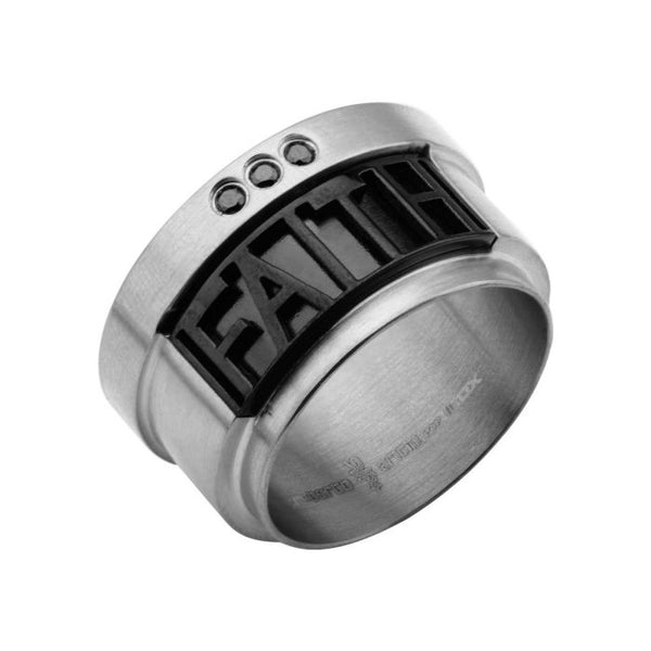 Steel Black IP Cutout "FAITH" in Three Black CZ Band Ring