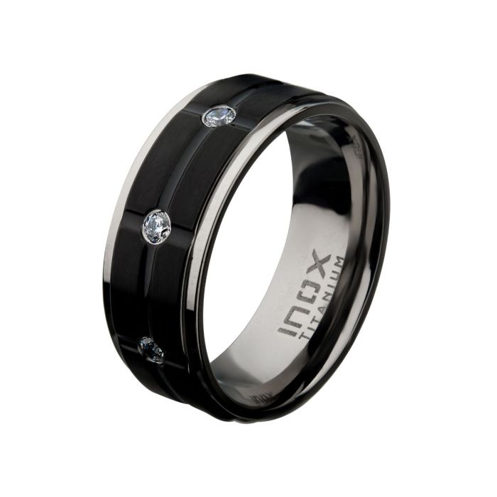 Matte Black Polished Titanium ComfortFit Band with CZ's in Bead Channel Setting Ring