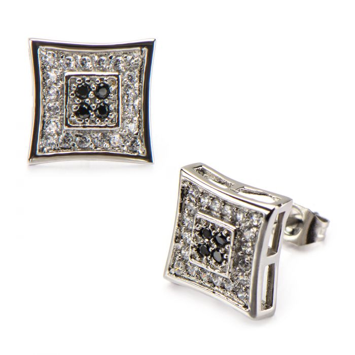 Clear & Black CZ in Square Kite Hip Hop Stud Earrings