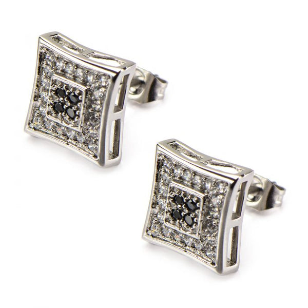 Clear & Black CZ in Square Kite Hip Hop Stud Earrings