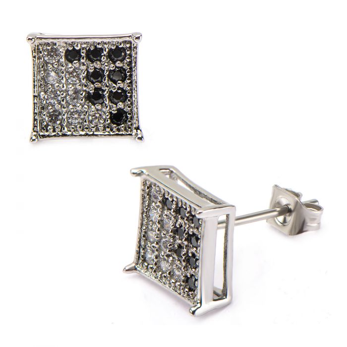 Clear & Black CZ in Square Hip Hop Stud Earrings