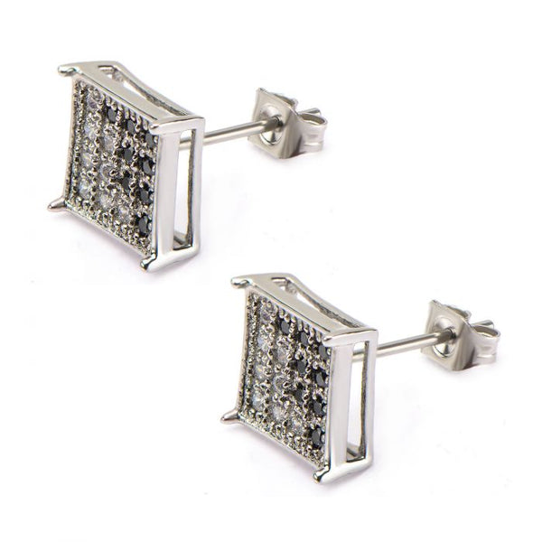 Clear & Black CZ in Square Hip Hop Stud Earrings