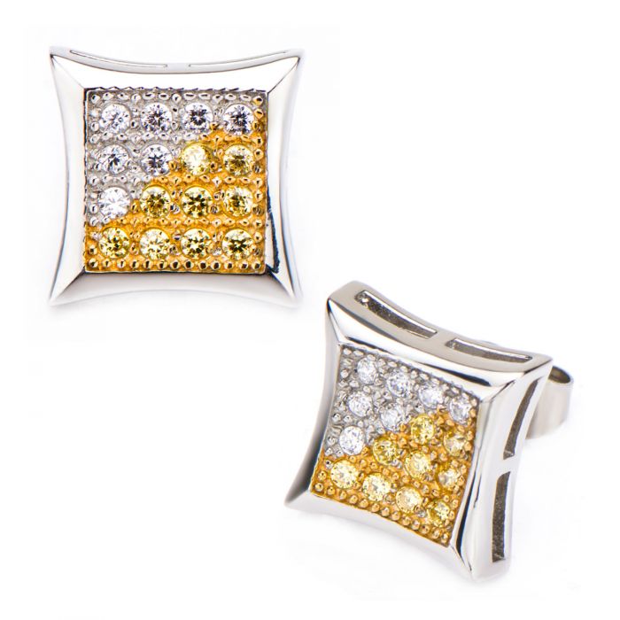 Clear & Yellow CZ in Square Kite Hip Hop Stud Earrings