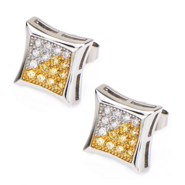 Clear & Yellow CZ in Square Kite Hip Hop Stud Earrings