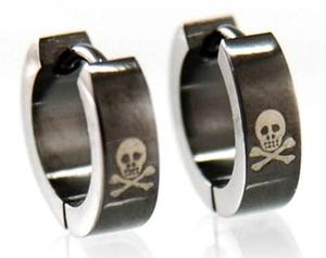 Mens Black Solid Stainless Steel Hoop Skull Earrings ME037