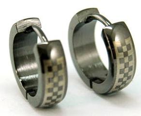 Black Checkered Stainless Steel Hoop Mens Earrings XME019