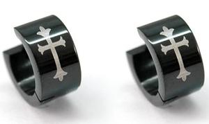 Black Gothic Cross Stainless Steel Huggie Mens Earrings XME161