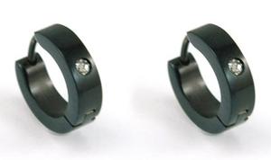 Black R&B CZ Created Stone Hoop Stainless Steel Mens Earrings XME214