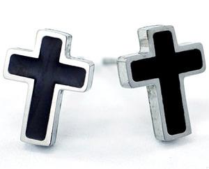 Silver &amp; Black Cross Stainless Steel Mens Earrings ME278