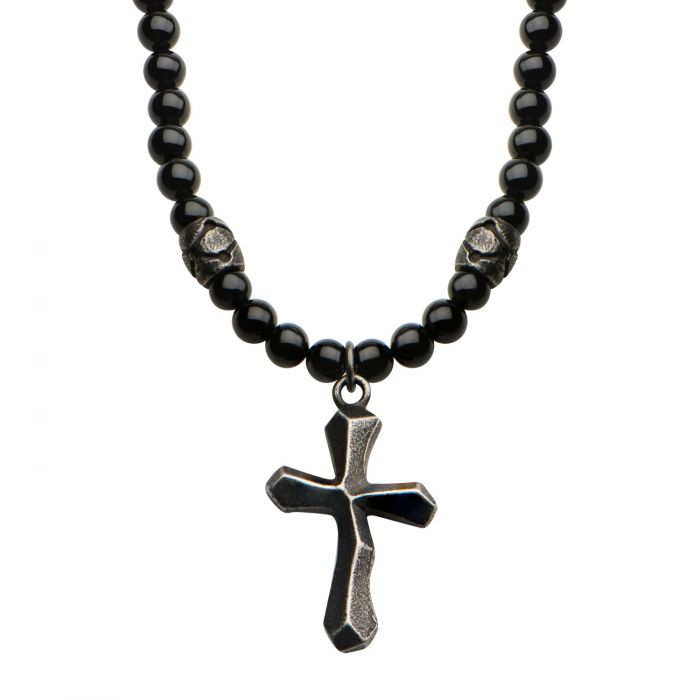 Black Onyx Beads with Steel Cross Pendant Necklace