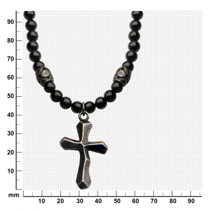 Black Onyx Beads with Steel Cross Pendant Necklace