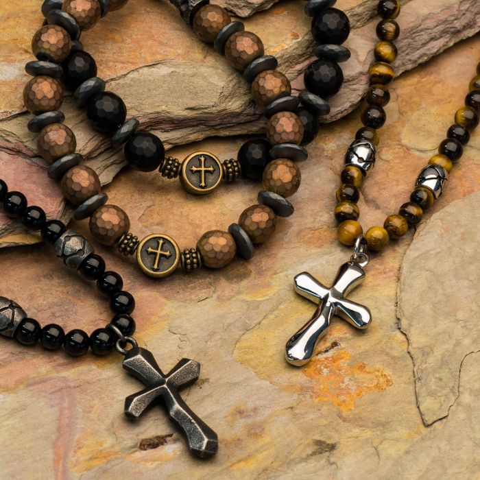 Black Onyx Beads with Steel Cross Pendant Necklace