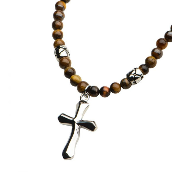 Tiger Eye Beads with Steel Cross Pendant Necklace