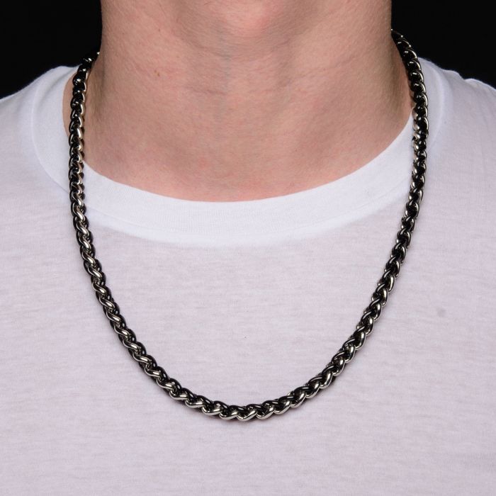 7.1 Steel and Black Plated Wheat Chain Necklace