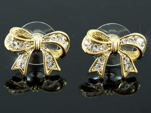 Bow Ribbon Gold Plated Earrings use Austrian Crystal XE201