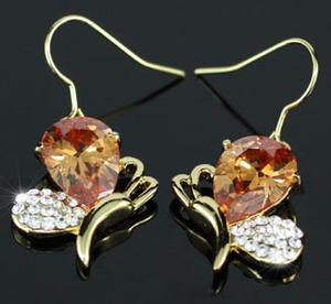 Dangle 4.5 Carat CZ Created Amber Butterfly Gold Earrings XE355
