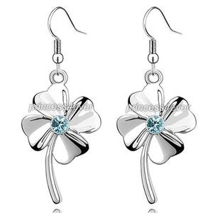 Aqua Blue Dangle 4 Leaf Clover Flower Earrings use Austrian Crystal XE477