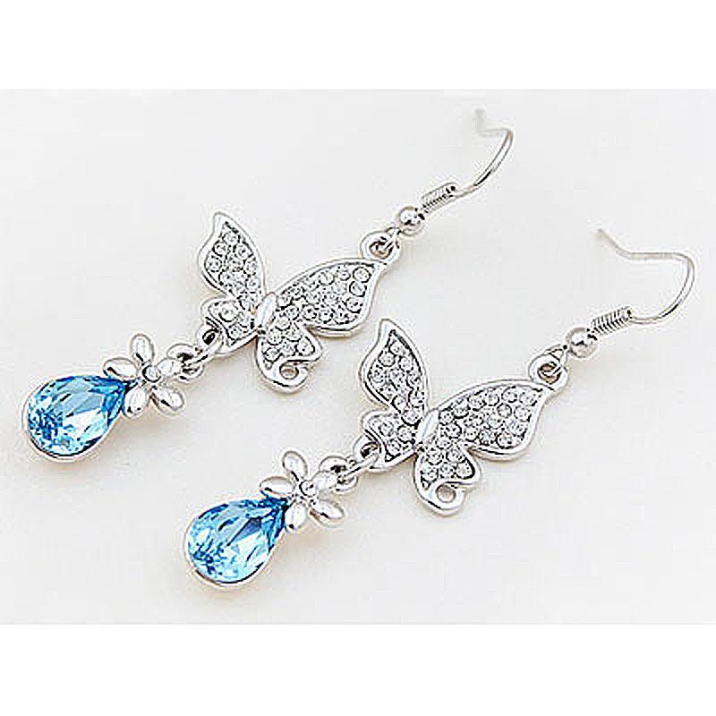 2 Carat Aqua Blue Dangle Butterfly Earrings Use Austrian Crystal XE487