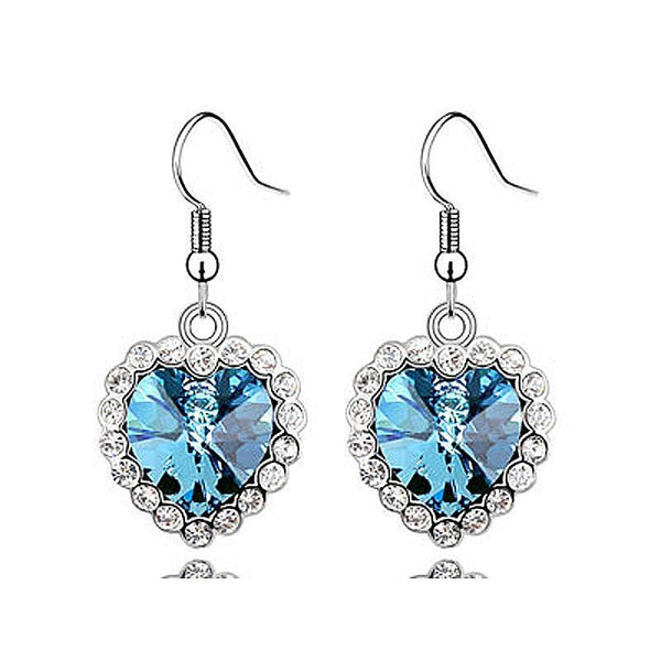 3 Carat Aqua Blue Dangle Heart Earrings use Austrian Crystal XE494