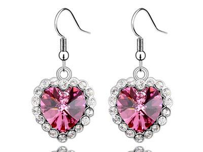 3 Carat Pink Dangle Heart Earrings use Austrian Crystal XE496