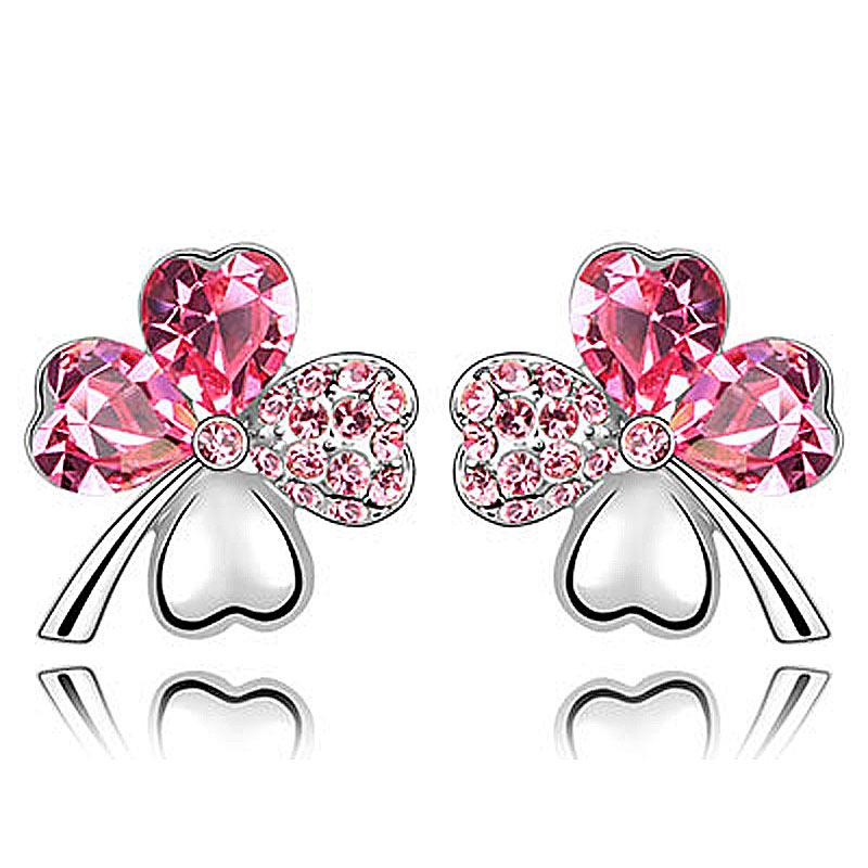 4 Leaf Clover Flower Hot Pink Earrings use Austrian Crystal XE517