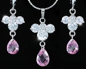Mickey Pink CZ Simulated Stone 18K Necklace Earrings Set XN247