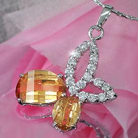 Amber CZ Cubic Zirconia Butterfly Pendant Necklace XN275