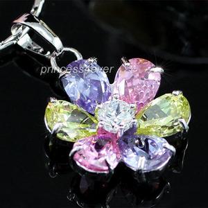 Multi-Color Simulated Topaz Flower Pendant &amp; Necklace XN300