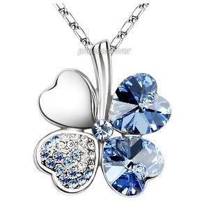 Blue 4 Leaf Clover Flower Heart Love Necklace use Austrian Crystal XN308
