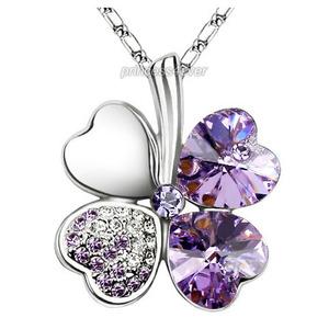 Lilac Light Purple 4 Leaf Clover Flower Heart Love Necklace use Swarovski Crysta