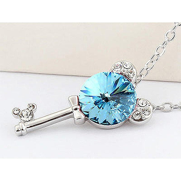 3 Carat Aqua Blue Mickey Love Key Necklace use Austrian Crystal XN318