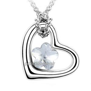 Heart Flower Silver Clear Necklace use Swarovski Crystal XN324