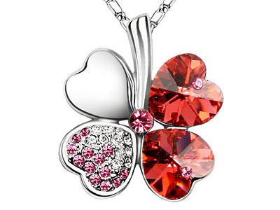 Red 4 Leaf Clover Flower Heart Love Necklace use Swarovski Crystal XN329