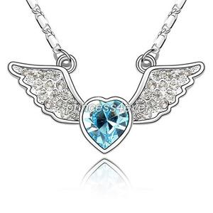 Angel Wing Aqua Blue Heart Necklace use Austrian Crystal XN338