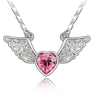 Angel Wing Hot Pink Heart Necklace use Austrian Crystal XN339