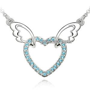 Angel Wing Heart Aqua Blue Necklace use Austrian Crystal XN360
