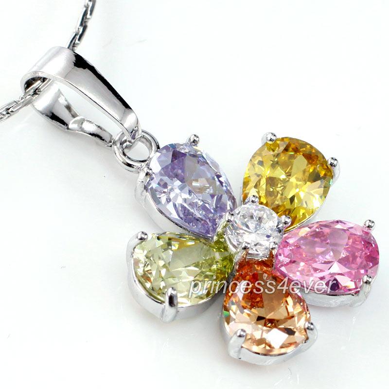 Multi-colour Flower 5 Carats Simulated Topaz Pendant &amp; Necklace XN394
