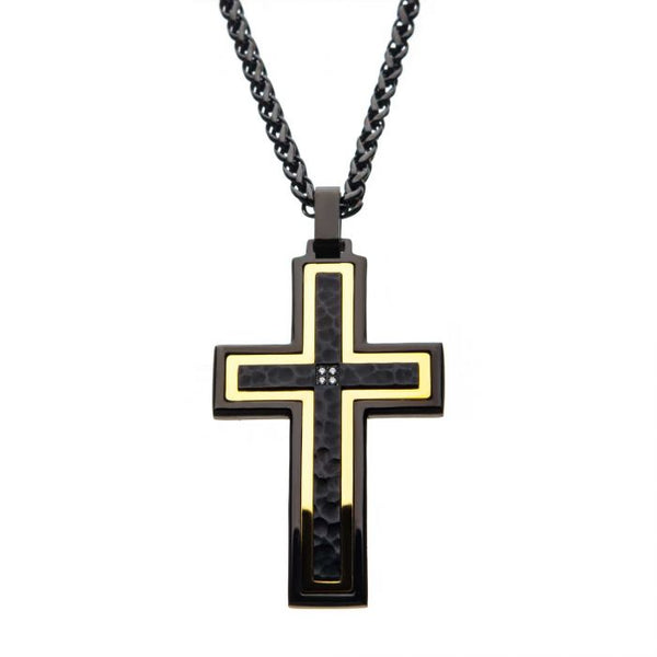 Hammered Black, Gold Plated Cross with CZ Stainless Steel Pendant