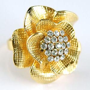 3D Rose Flower Gold Ring use Austrian Crystal XR060