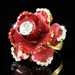 Unique! 3D Red Rose Flower Ring use Swarovski Crystal XR078