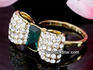 Bow Gold Plated Green Ring use Austrian Crystal XR184