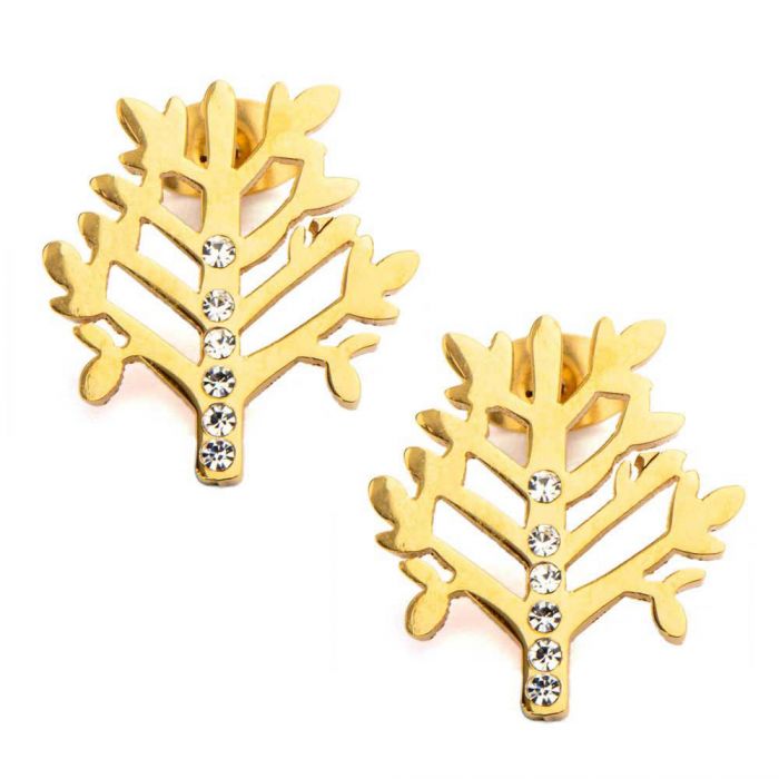 Gold IP Polished Tree with CZs Stud Earrings