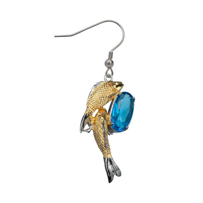 IP Gold Twin Fish with Sapphire Gem Hook Earrings