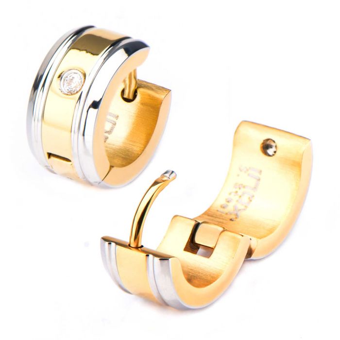 Stainless Steel Gold Plated with 1 Clear CZ Gem Huggies Earrings