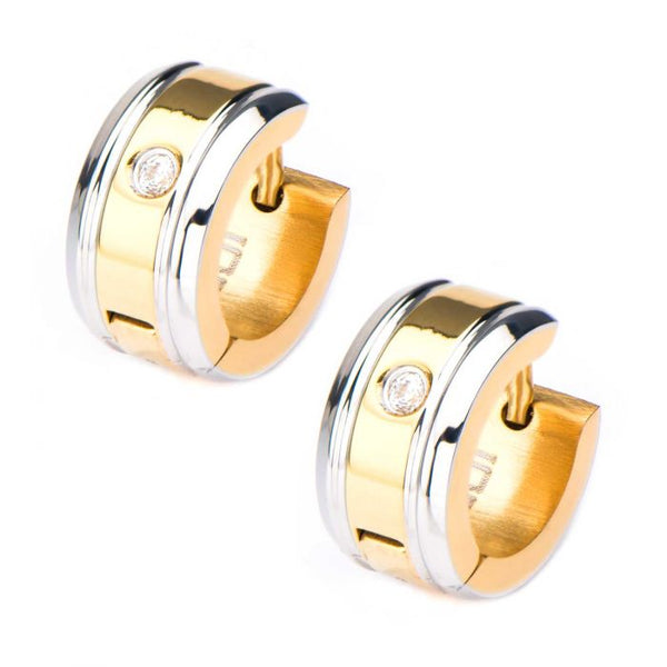 Stainless Steel Gold Plated with 1 Clear CZ Gem Huggies Earrings