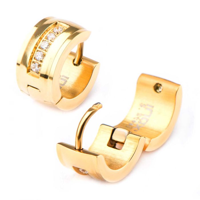 Stainless Steel Gold Plated with 5 Clear CZ Gem Huggies Earrings