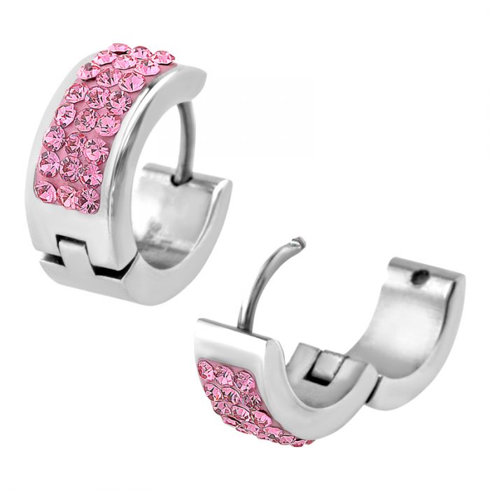 Light Pink Crystal Gem in Steel Huggies Earrings