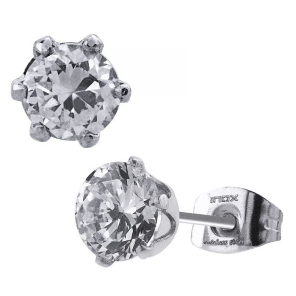 Prong Set Clear CZ Steel Stud Earrings (Unisex)